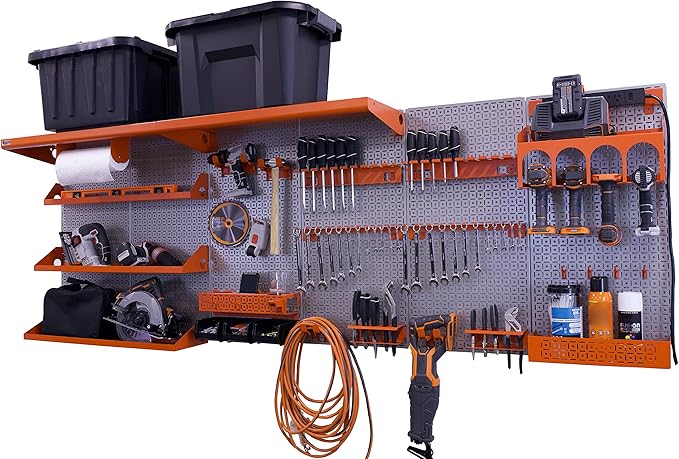 OmniWall Weekend Warrior Ultimate Tool Kit-96" x 32" Metal Pegboard Wall Storage System Silver/Orange