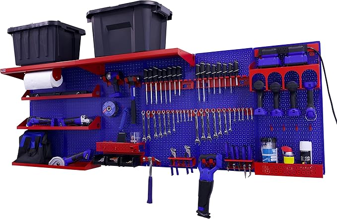 OmniWall Weekend Warrior Ultimate Tool Kit-96" x 32" Metal Pegboard Wall Storage System Blue/Red