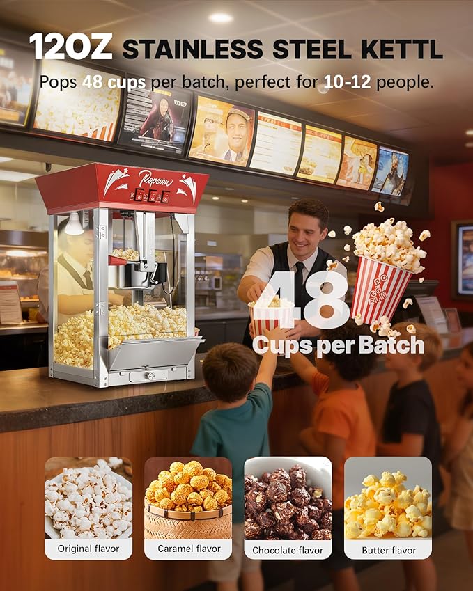 12 Oz Commercial Popcorn Machine, 850 W, Movie Theater Popcorn Machine, Red Tabletop Pop corn Machine with 3-Switch Control & Steel Frame Tempered Glass Doors for Home Theater