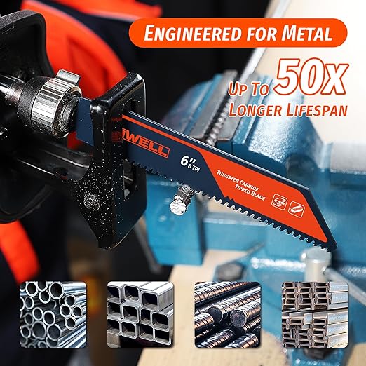 2PCS Tungsten Carbide Reciprocating Saw Blade, 8TPI Heavy-Duty Saw Blades for Thick Metal, Cast Iron, and Stainless Steel, Long-Lasting Blades for Demolition and Industrial Cutting (6 Inch)