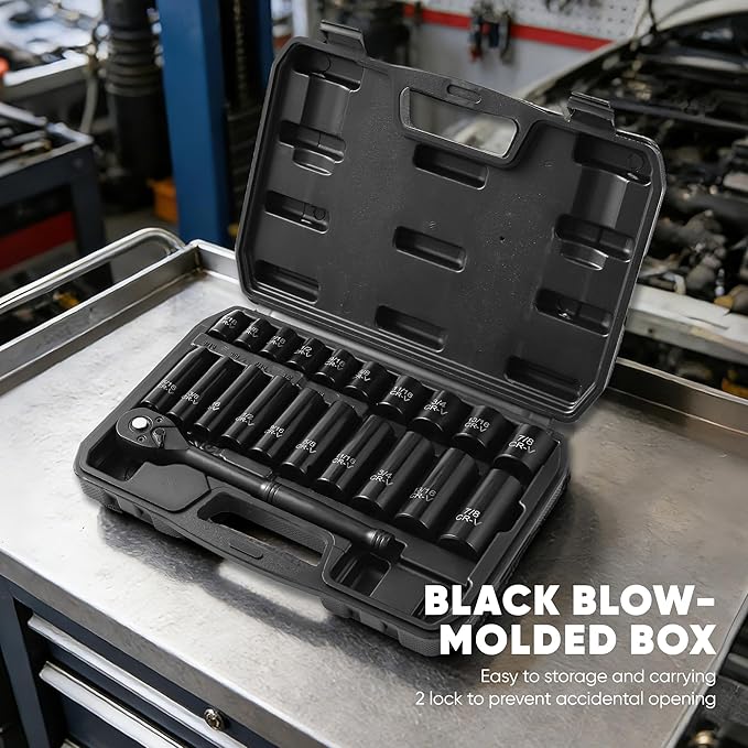 Aloanes 3/8" Drive Impact Socket Set, 21-Piece Deep & Shallow Sockets SAE (5/16"- 7/8"), 72-Tooth Ratchet Wrench, 6 Point Design, Cr-V Steel