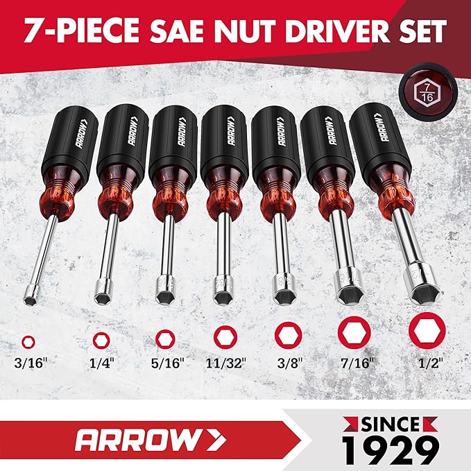 ARROW Nut Driver Set, 7 PCS SAE Nut Drivers with Non-Slip Grip, Cr-V Steel, 1-Inch Hollow Shaft, Hex Sizes 3/16, 1/4, 5/16, 11/32, 3/8, 7/16, 1/2-Inch, Easy for Tightening and Unscrewing