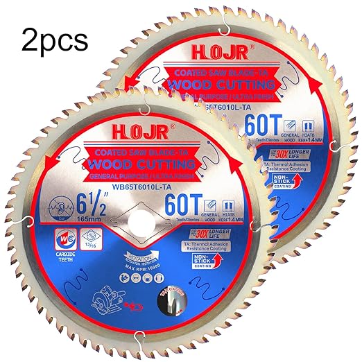 2-Pack 6-1/2" 60-Tooth 5/8" Arbor Woodworking Circular Saw Blade,Ultra Finish/General Purpose,Special Anti-Thermal Adhesion Coating on Cutting Edge-TA,High Finish, Long Life,6-1/2" 60T 5/8"