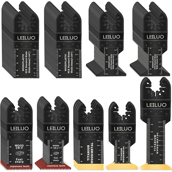 LEILUO 96 Pcs Multitool Blade Kits for Wood Nails Drywall Japanese Tooth Oscillating Saw Blades Titanium Oscillating Tool Accessories with Storage Bag Compatible with DeWalt Makita Dremel and More
