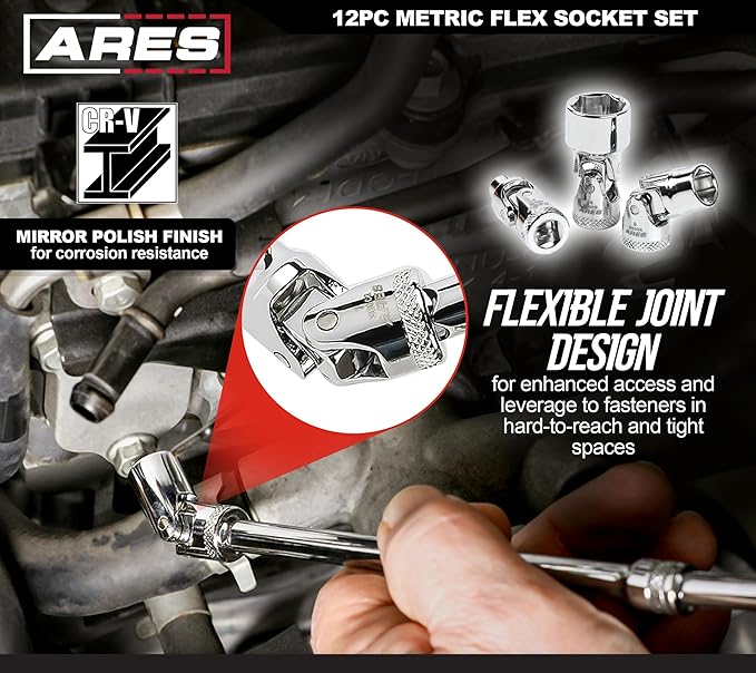 ARES 39009-12-Piece 1/4-Inch Drive Metric Flex Socket Set - 6 Point Sockets Constructed From Premium Heat Treated Chrome Vanadium Steel - Storage Rail Included