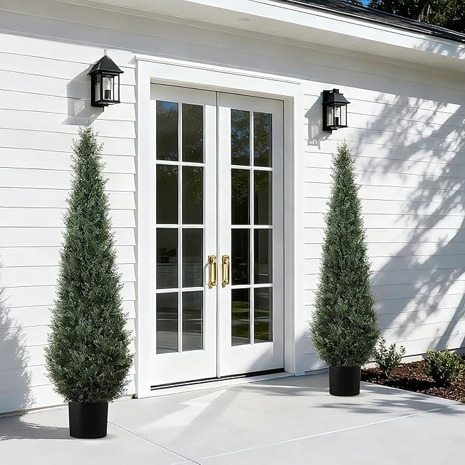 Artificial Trees for Outdoors, BUZIGUBY Artificial Cedar Topiary Trees, 5FT Topiary Trees Artificial Outdoors for Porch, Dense Arborvitae Tree for Front Door Patio Deck Balcony Yard Decor, 2 Pack