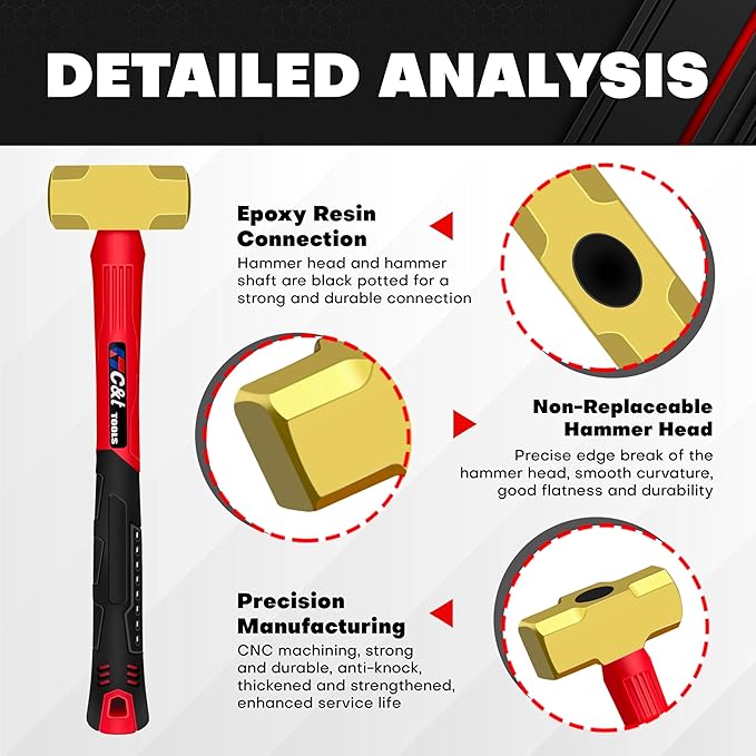 C&T 2lb Brass Sledge Hammer,Non-Sparking, Comfortable Fiberglass Handle,2-Pounds,Non-Magnetic,Corrosion Resistant