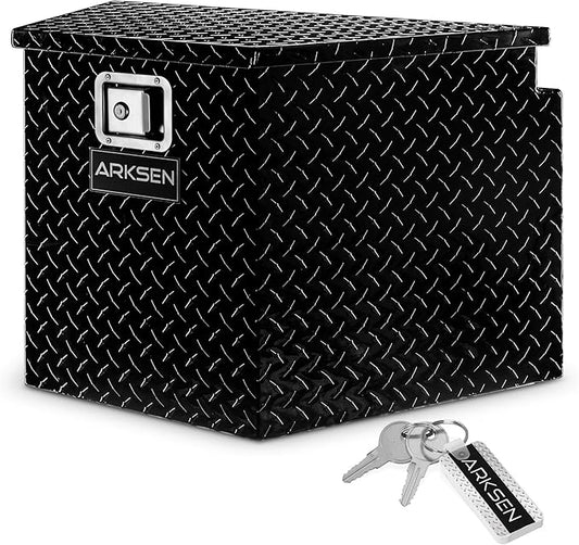 ARKSEN 29 Inch Aluminum Diamond Plate Tongue Box Tool Chest, Waterproof Under Truck Storage for Pick Up Truck Bed, RV Trailer, ATV with Lock and Keys - Black