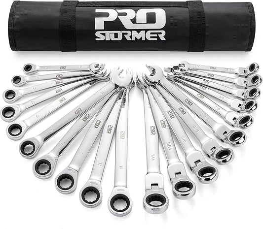 Prostormer Ratcheting Combination Wrench Set, 20-Piece SAE & Metric Wrench Kit with Pouch, 72-Tooth, Cr-V Steel, 10Pcs Flex-Head 1/4" to 3/4" & 10Pcs Fixed Head 6-18mm