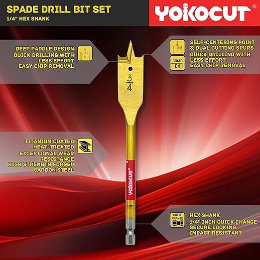Spade Drill Bit Set, 13pcs Paddle Bits in SAE, 1/4 Hex Shank Flat Wood Bits for Woodworking, 1/4" to 1-1/2" Spade Bits for Wood with Nylon Storage Pouch