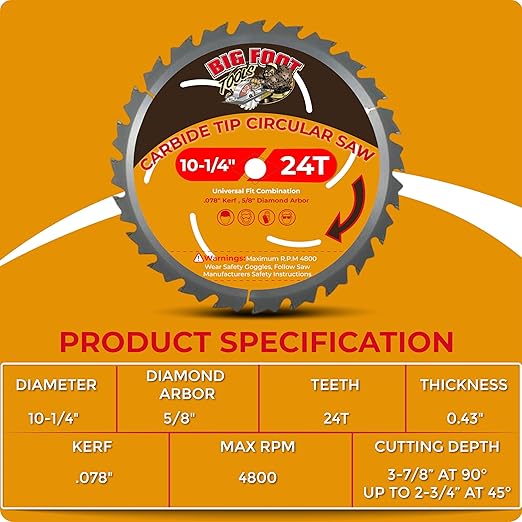 Big Foot 10 1/4 Circular Saw Blade 24 Tooth Carbide Tipped Circular Saw Blade - 10-1/4" Diameter - 5/8" Arbor