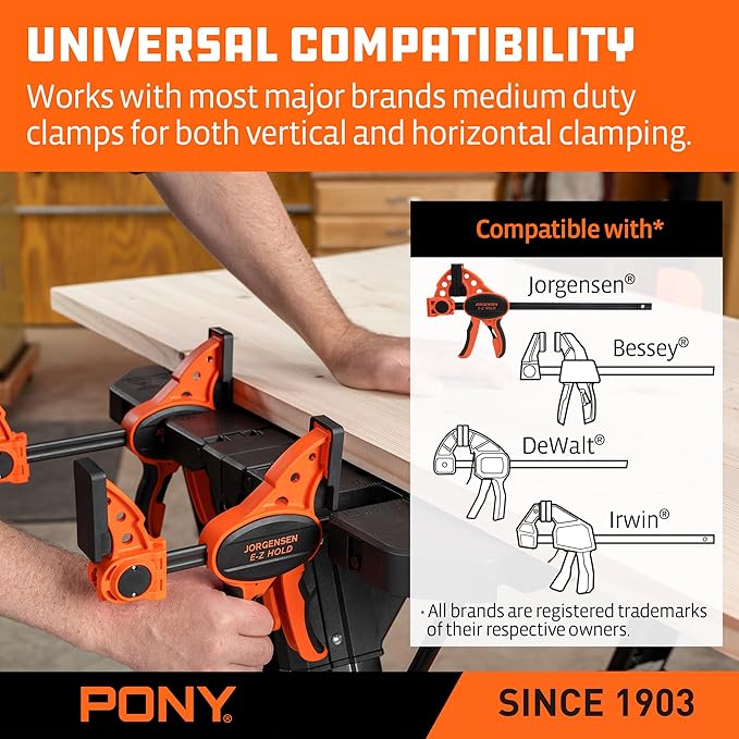 Pony Portable Folding Work Table, 2-in-1 as Sawhorse & Workbench, 31??W횞25??D횞25??35?쒱, Large Load Capacity with 4pcs Clamps, 4pcs Bench Dogs