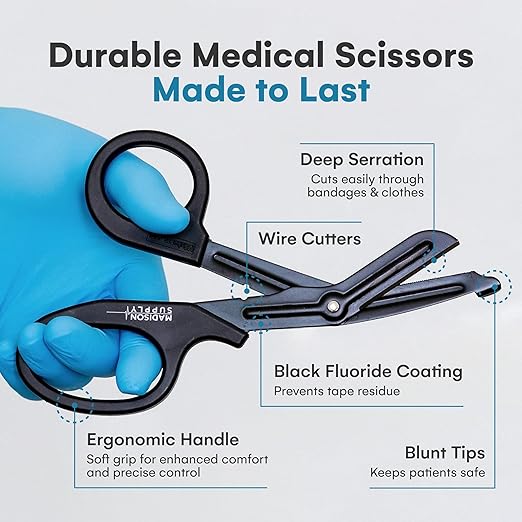 Madison Supply 7.5 Inches Premium Stainless Steel Nurse Scissors - Non-Stick Coated Blades Medical Scissors - Durable Fluoride-Coated Trauma Shears - Black
