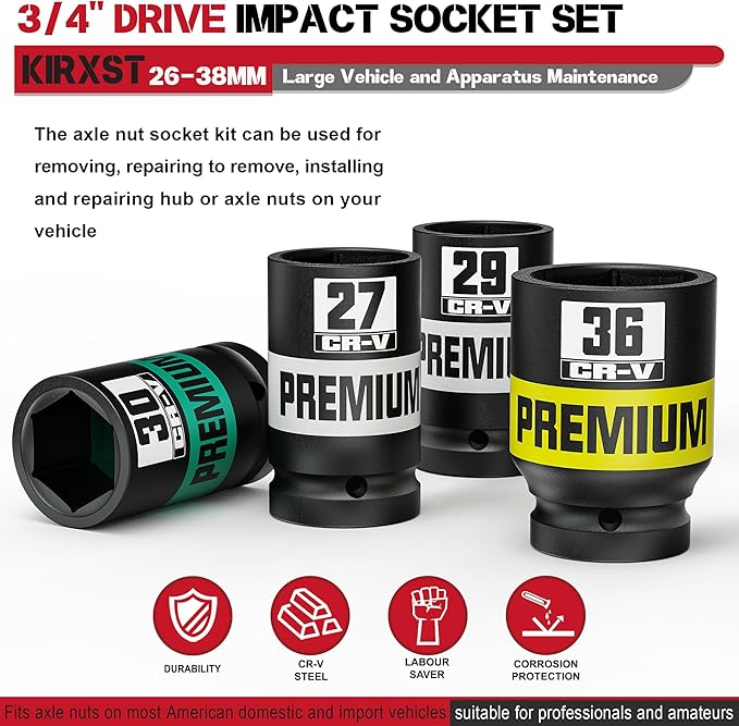 8 Piece 3/4" Drive Impact Socket Set, Metric Axle Nut Sockets, 26-38mm Thicker Jumbo Sockets, Socket Set, 6 Point, Cr-V, Vehicle and Apparatus Maintenance