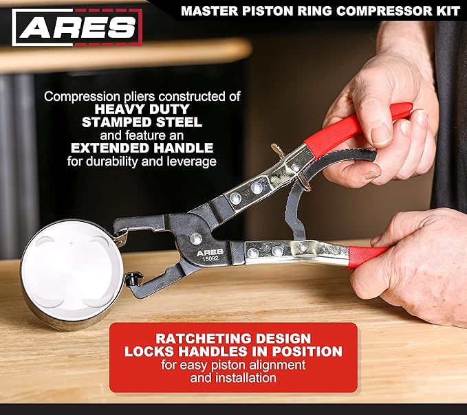 ARES Master Piston Ring Compressor Kit and 32oz Slim Line Deadblow Hammer ??Heavy Duty Stamped Steel Construction for Strong and Secure Band Compression ??Heavy Head Delivers Powerful Striking Force