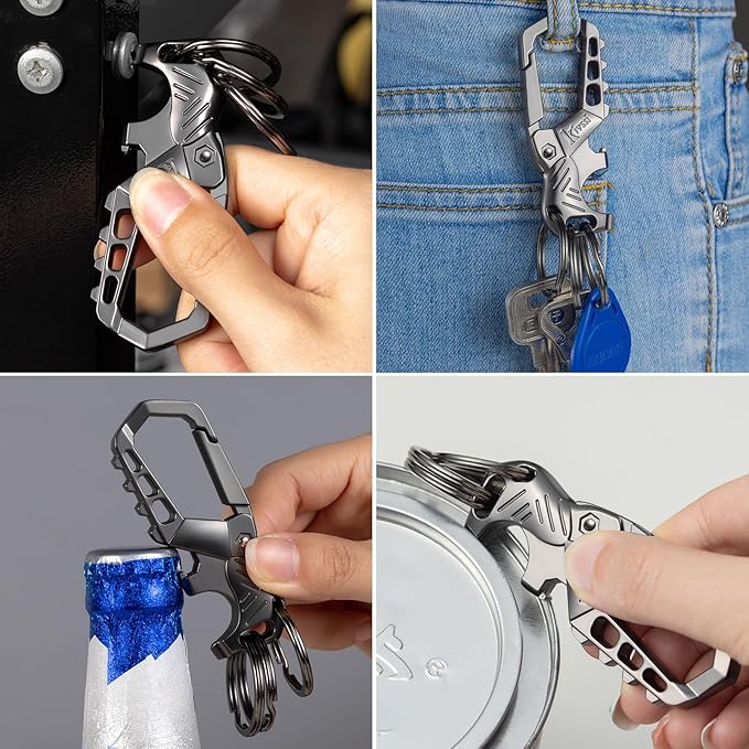 Heavy duty metal keychains, Carabiner clip Car key chains,Fashion family keychain bottle opener and 3 Key Rings suitable for men and women.(Black-2pcs)