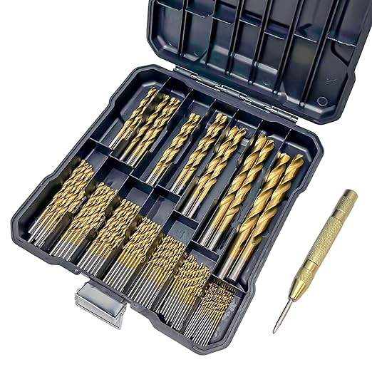 Drill Bit Set, 99-Piece Metal Drill Bits, High Speed Steel Titanium HSS Twist Drill Bits Set with Storage Case & Center Punch for Wood/Steel/Aluminum/Plastic/Fiberglass Size, 1/16 to 3/8 Inch