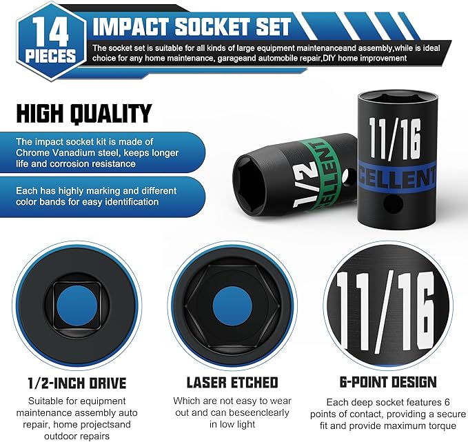 14 Pieces 1/2-Inch Drive Impact Socket Set, 3/8" to 1-1/4" Shallow Socket, 6 Point SAE Sockets for Automotive Repair, Equipment Maintenance