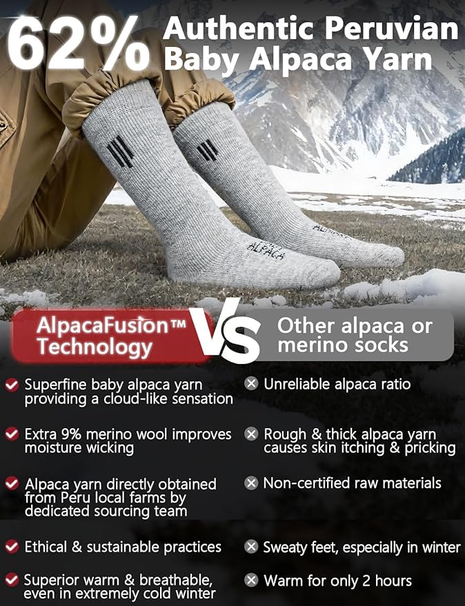 Alpaca Wool Boot Socks Men and Women, Heavyweight Thick Thermal Socks Cold Weather Hunting Hiking, Moisture Wicking