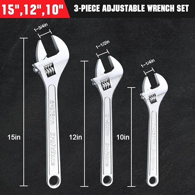 CRAFTZONE Adjustable Wrench Set, 3pc Wrench Set with SAE and Metric Scales, Heat-Treated Carbon Steel with Chrome Plated, Wide Jaw Wrenches for Home, Plumbing, Garage (10, 12, 15 Inch)
