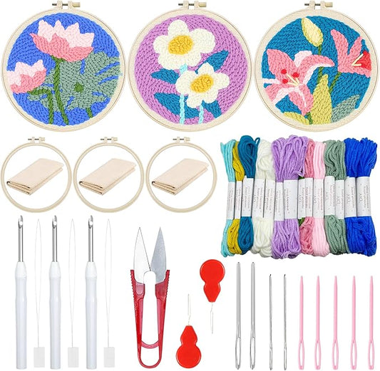 Woohome Punch Needle Kit Included Plastic Hoops, Punch Needle Cloth, Color Yarn and Punch Needle Tools for Adults, Beginners (Chrysanthemum, Lotus, Lily)