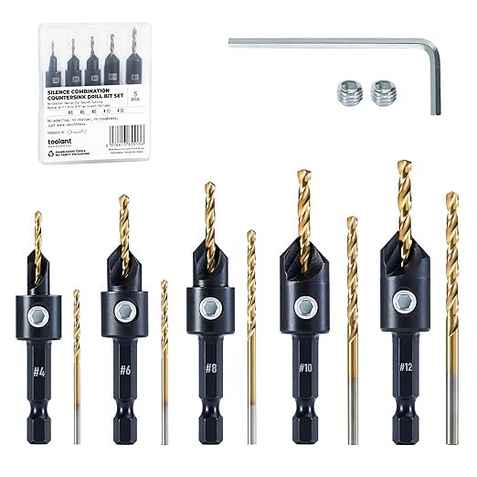 toolant Countersink Drill Bit Set,5Pcs Counter Sink Drill Bit Set for Wood,#4, #6, #8, #10, #12, High-Speed Steel 5 Spare Bits Adjustable for Woodworking and Carpentry, Pilot Screw Hole Set