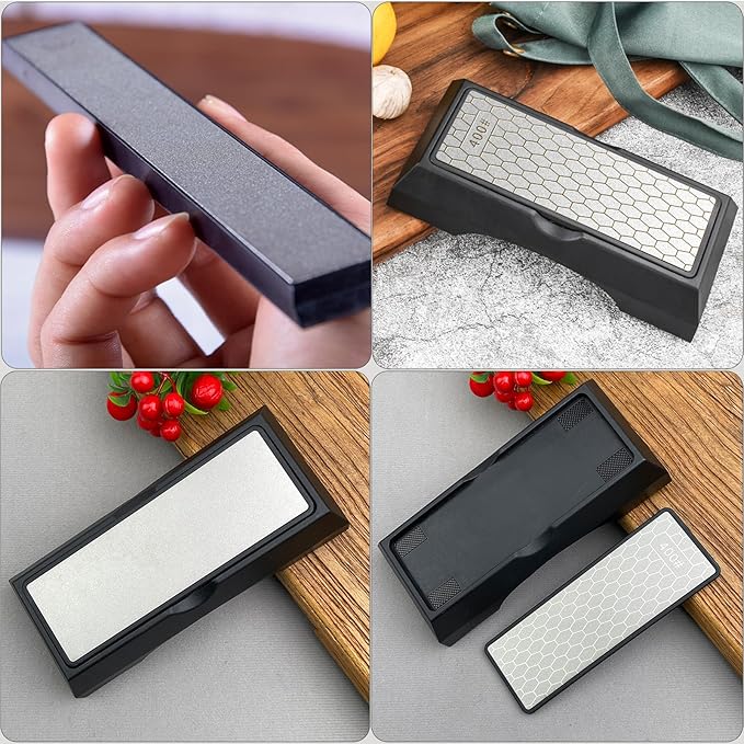 Diamond Sharpening Stone Set, Knife Sharpener Stone, Double-sided Coarse 400 / Fine 1000# | Extra Fine 3000 Grit, 2 Sizes Whetstone Tool with Non-Slip Base, Diamond Plate Honing Stone, Hone Sharpener