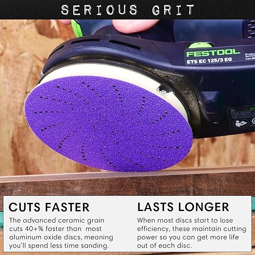 Serious Grit 5-Inch 800 Grit Ceramic Multi-Hole Hook & Loop Sanding Discs - Advanced Grain for Fast Cutting & Long Life - Film-Backed Universal Fit Sandpaper for 5-in Sanders - 50 Pack Box