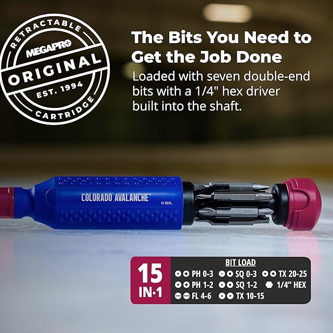 MEGAPRO짰 NHL짰 Team Edition Multi-bit Screwdriver | Officially Licensed NHL짰 Gear | Durable, Ergonomic, Pro-Grade Screwdriver (Colorado Avalanche짰)