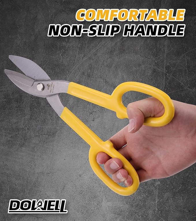 DOWELL 10??Tin Snips Metal Cutters with Flat Blade, with Comfortable Yellow Rubber Handle for DIY Handyman,Roofers, Mechanics, Homeowners