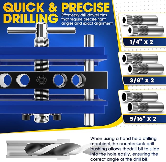 Self Centering Doweling Jig Kit, Power Tool Accessory Jigs with 5 SAE Drill Sizes 6 Drill Guide Bushings, Adjustable Width Drilling Guide Power Tool Accessory Jigs (Blue)