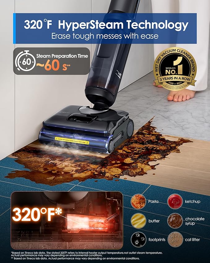 Tineco Floor One S7 Stretch Steam Cordless Wet Dry Vacuum Steam Mop All-in-One, 320??HyperSteam, 180째 Lay-Flat, Anti-Tangle Design, FlashDry Self-Cleaning, Up to 75 Min Runtime