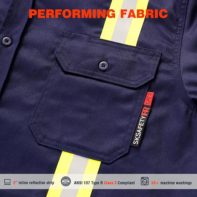 SKSAFETY 7oz FR Shirts for Men, Welding Shirt Hi Vis Flame Resistant 100% Cotton Fire Retardant Longsleeve Shirt CAT2