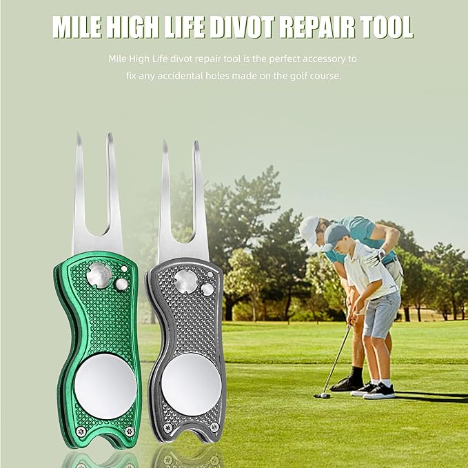 Mile High Life Golf Divot Repair Tool, All Metal Foldable Divot Tool with Pop-up Button & Magnetic Ball Marker, 2-6 Pack