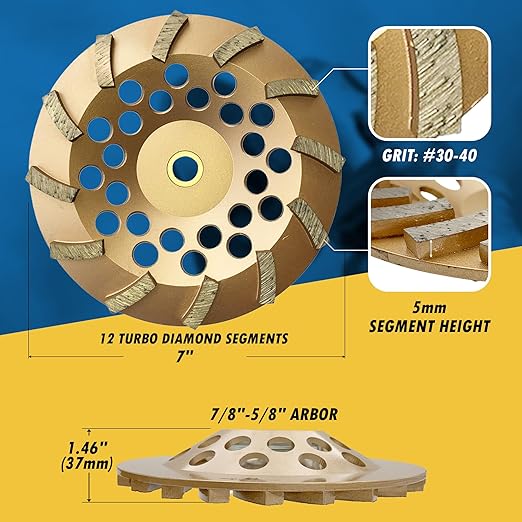 7" Diamond Grinding Wheels for Concrete or Masonry, 12 Turbo Segments, #30/40 Grit, Medium Bond, 7/8"-5/8" Arbor