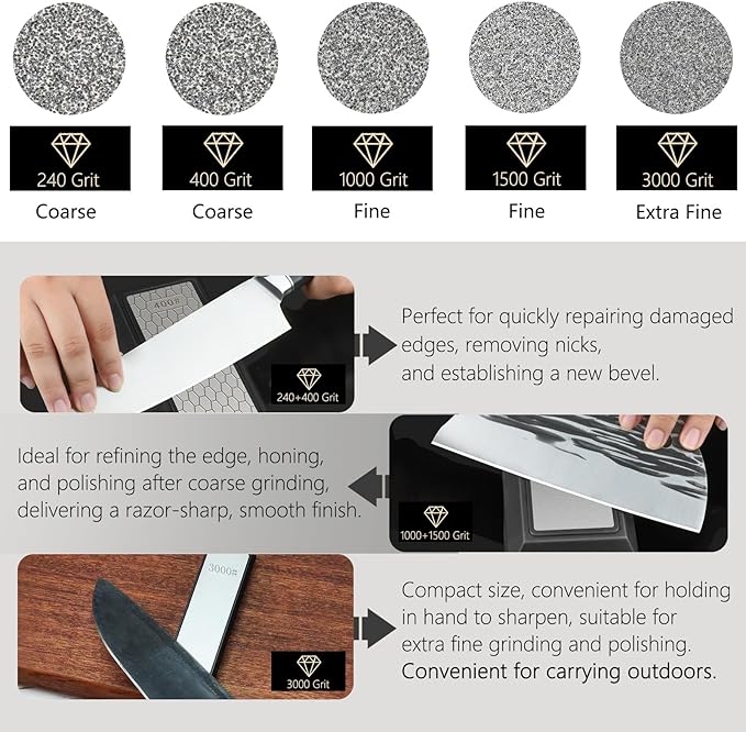 Diamond Sharpening Stone Set, Knife Sharpener Stone, 2 Side Grit 400/1000, 240/1500/3000 Grit Portable Hone Sharpener, Diamond Plate Honing Stone, 2 Sizes Whetstone Tool with Non-Slip Base