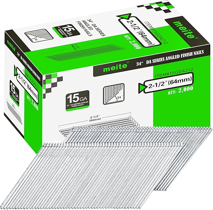 meite 15 Gauge 34 Degree Angled Finish Nails, 2-1/2 Inch Leg Galvanized No-rust Finishing Nails for Nailer Gun, Glue-Collated Trim Nails for Baseboard Crown Cabinet Window Molding, 2 Boxes x 2,000PCS