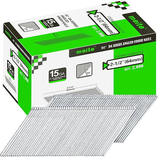 meite 15 Gauge 34 Degree Angled Finish Nails, 2-1/2 Inch Leg Galvanized No-rust Finishing Nails for Nailer Gun, Glue-Collated Trim Nails for Baseboard Crown Cabinet Window Molding, 2 Boxes x 2,000PCS