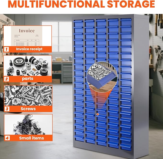100 Drawers Nut and Bolt Organizer, 26x9x46 Stainless Steel Parts Cabinet with Shelfs & Labels Bolt Organizer for Workshop Tool & Hardware Storage and Organization (100 Drawers)