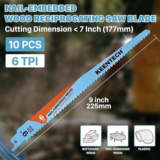 KEENTECH 9 Inch Bi-Metal Reciprocating Saw Blade 10-Pack for Fast Wood Demolition, 6 TPI, Fits Milwaukee Sawzall and Other Reciprocating Saws