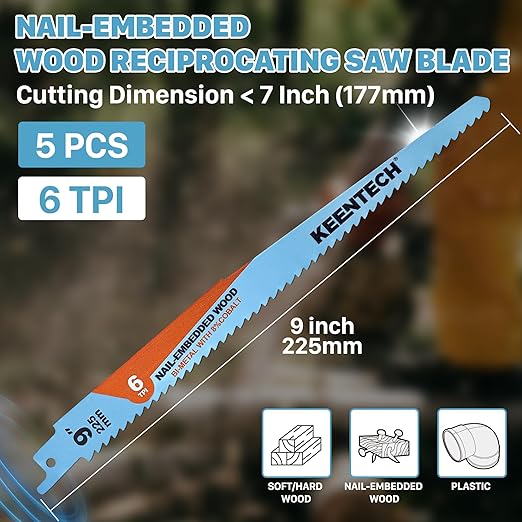 KEENTECH 9 Inch Bi-Metal Reciprocating Saw Blade 5-Pack for Fast Wood Demolition, 6 TPI, Fits Milwaukee Sawzall and Other Reciprocating Saws