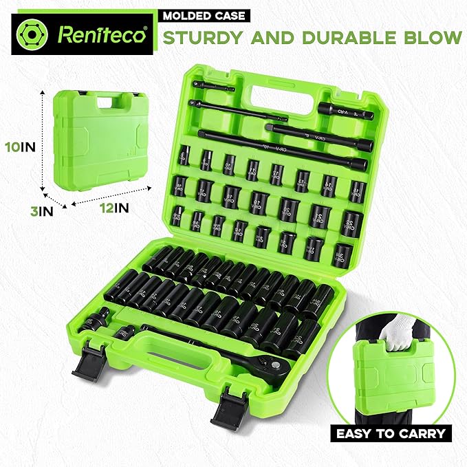 56-Piece 3/8" Drive Socket Set, SAE (5/16"-3/4") & Metric (8mm-22mm), Deep & Shallow, Ratchet Handle, Extension Bars, Adapter, Universal Joint, Power Drill Adapters, Spark Plug Sockets, CR-V