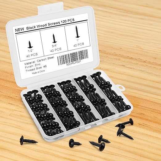 120 PCS #8 Phillips Truss Head Black Wood Screw Assortment - Self-Tapping Fasteners for Wall Plates & Woodworking (1/2", 3/4", 1") with Screwdriver Bit