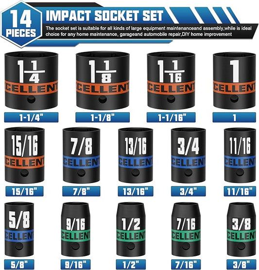 14 Pieces 1/2-Inch Drive Impact Socket Set, 3/8" to 1-1/4" Shallow Socket, 6 Point SAE Sockets for Automotive Repair, Equipment Maintenance