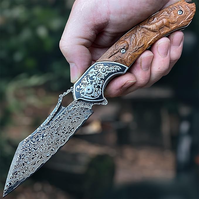 TACTICAL GEARZ Damascus Pocket Knife, Custom Carved Rosewood Handle, Includes Custom Leather Sheath (Timber XT)