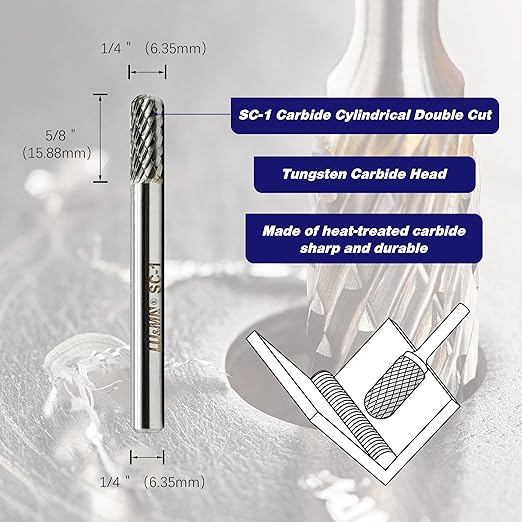 Premium Solid Carbide Rotary Burr, 1/4" Shank, SC-1 Cylindrical Ball Nose, Professional Grade Cutter for Metal, Wood & Plastic, Ideal for Deburring, Grinding & Detailing by LU&MN
