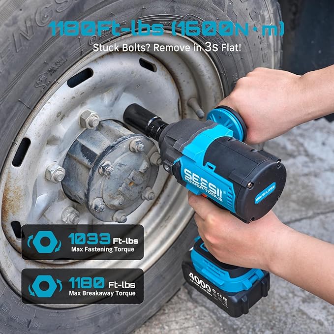 Seesii [Upgraded] Impact Wrench 1180 Ft-lbs (1600 N·m): 1/2" High-Torque Impact Gun with Detachable Handle, 21V Cordless Impact Driver 2x 4.0Ah Batteries for Car/Pickup Truck/Mower/Industrial Tasks