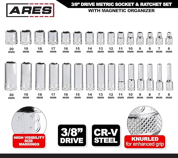 ARES 47004-32-Piece 3/8-inch Drive Metric Socket and 90-Tooth Ratchet Set with Magnetic Organizer - Sizes 6mm to 20mm Deep and Shallow Sockets