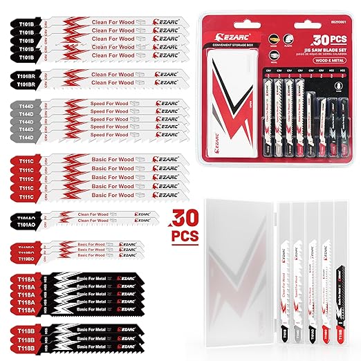 EZARC Jigsaw Blades Set 30pcs with Storage Case, Assorted T-Shank Replacement Jig Saw Blades for Cutting Wood, Plastic and Metal