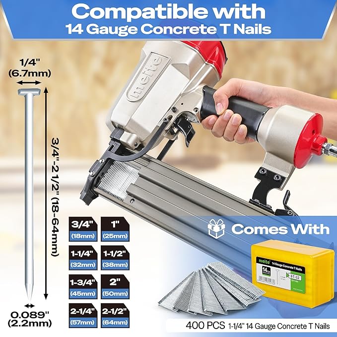 meite ST64E Concrete Nail Gun Heavy Duty Pneumatic Concrete T-Nailer Gun for Plywood/Decking/Furring, 100PCS Magazine, Accepts 3/4'' to 2-1/2''